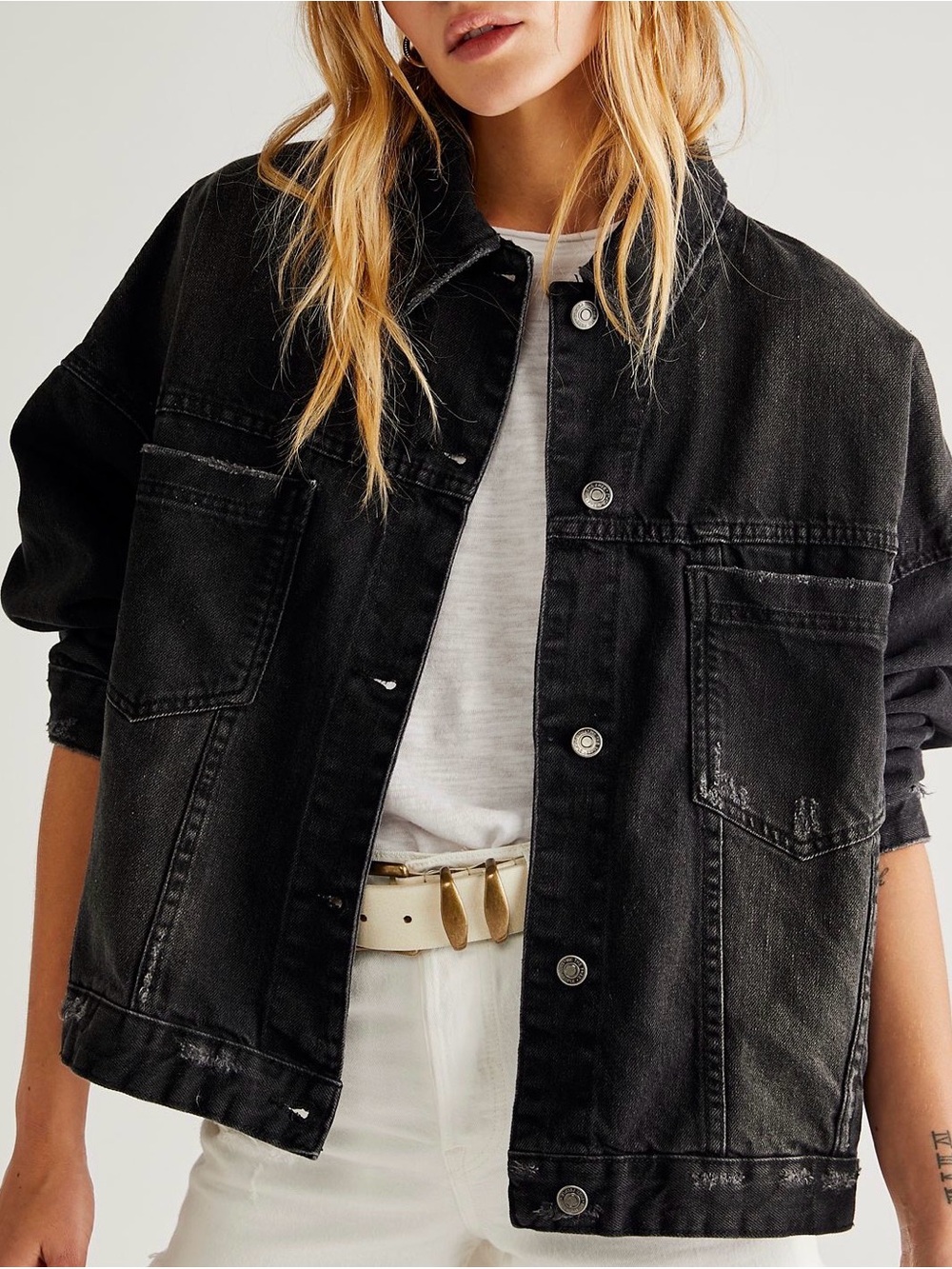 We The Free Opal Swing Denim Jacket Washed Charcoal Black Size L